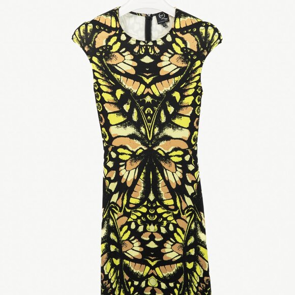McQ Alexander McQueen Neon-Green Camouflage-Print Jersey Bodycon Dress - Picture 2 of 11